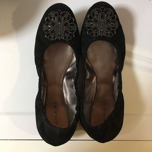 Tahari Valerie Black Suede Flat, Jewel Detail, 7M